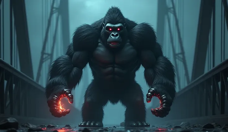 A 3D image of A cartoon Gorilla(A massive silverback gorilla with thick black fur. His arms are reinforced with glowing cybernetic metal, giving him a powerful and mechanical look.His wise eyes show leadership) is smashing flying drones with his hands..on ...