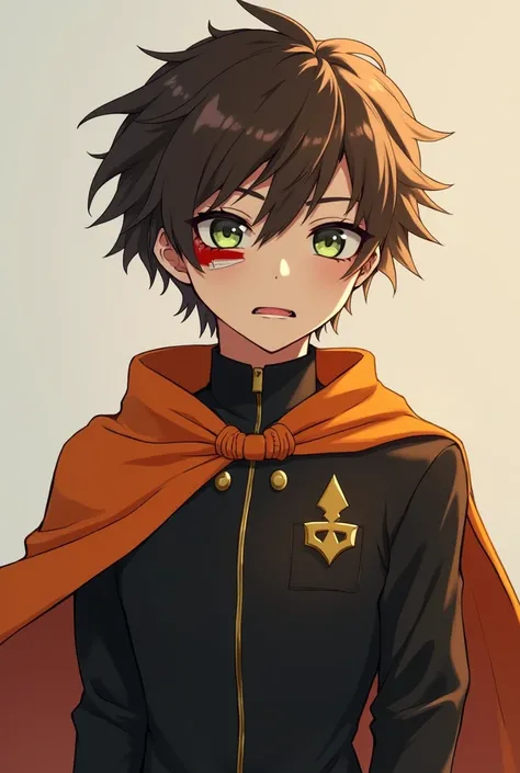 adolescent man with brown hair , water green eyes ,Wearing a black uniform,with a wound on a bandaged eye ,orange cape, a second mouth in a cheek and that I'm talking to a boy with short black hair,yellow eyes and a black uniform  
