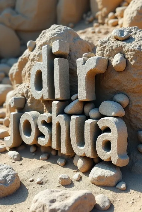 The word DIR JOSHUA written with 3D rocks on the rough ground 