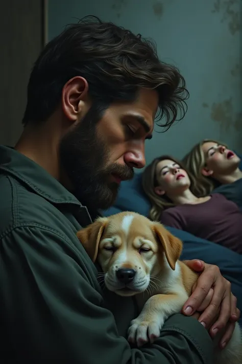 Image of a bearded man with a puppy sleeping in his arms while looking at his dead wife and dead son in Scream