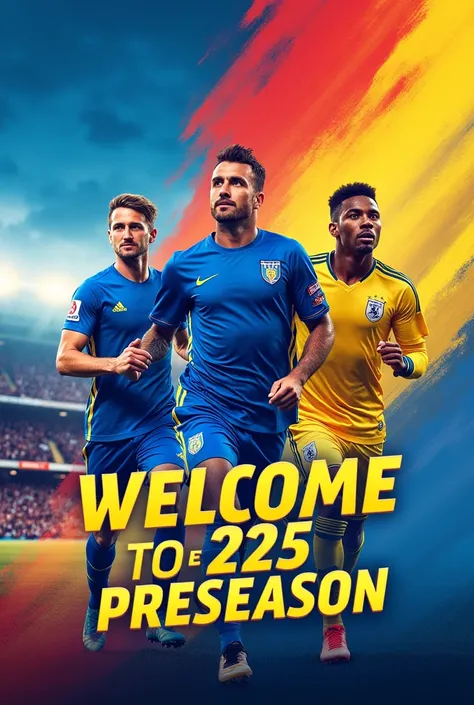 Create an image with soccer players wearing the blue and yellow jersey with the phrase welcome to the 2025 Preseason. type poster 