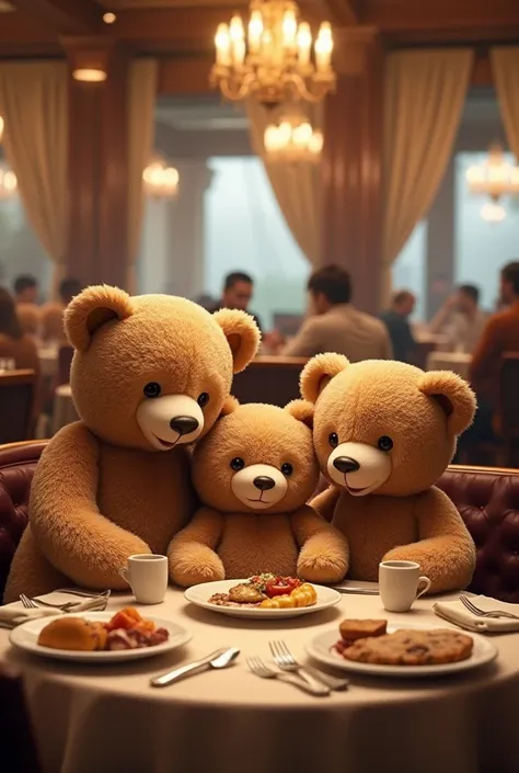 Create a realistic picture of a teddy bear family , Mother,  father and 2 ren sitting at the table and eating in the restaurant. 