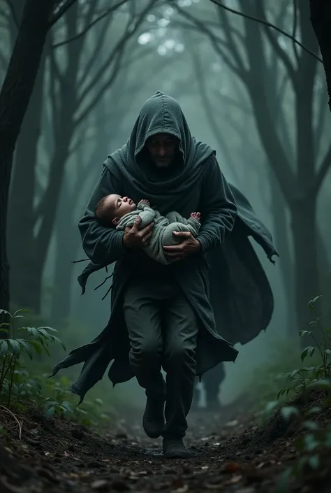 a man in a gray cloak running and with a newborn in his hand in a forest