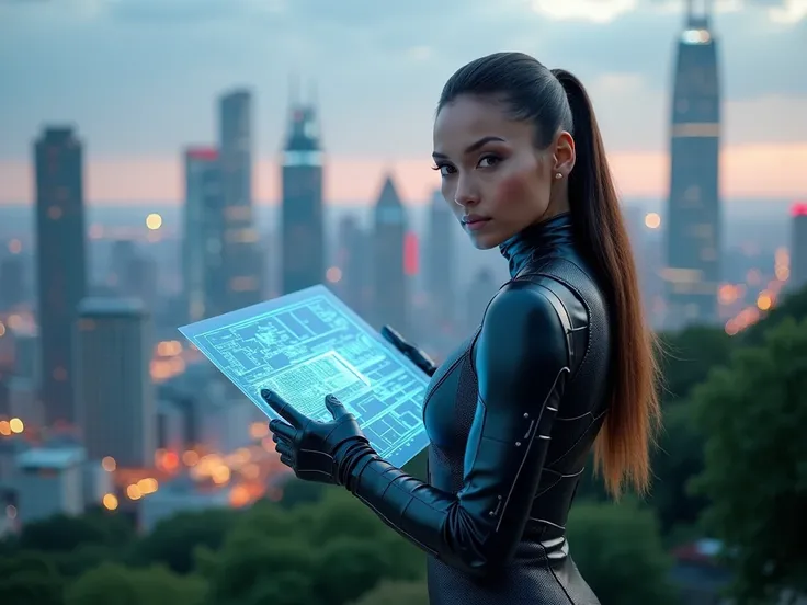 A strong and confident woman stands in front of a futuristic city skyline at dusk, wearing a sleek, high-tech business suit with metallic accents. She looks directly at the viewer with an expression of precision and control. A holographic blueprint glows i...