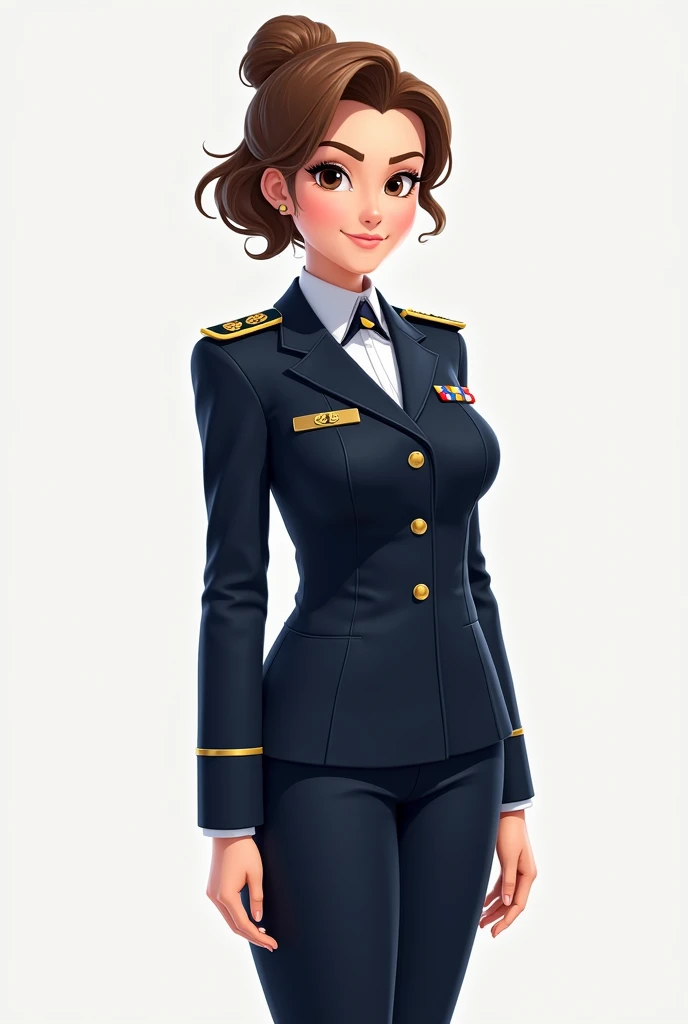 Animated woman 2d illustration dressed in dark blue full naval uniform gives the Colombian national navy hair up and tidy light brown 