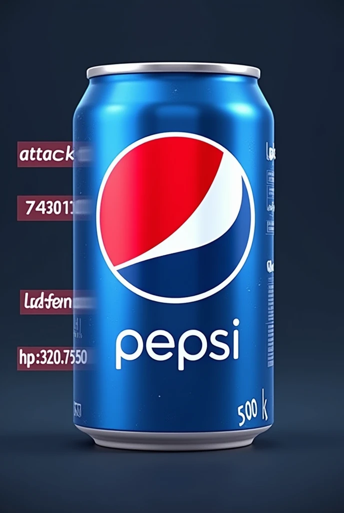 Pepsi can on a game character interface, Game style, three texts on its side, the first text says: attack:74110, second text: defense:210.750, third text: hp:325.750, Below the Pepsi can there is a text, the text says:501k