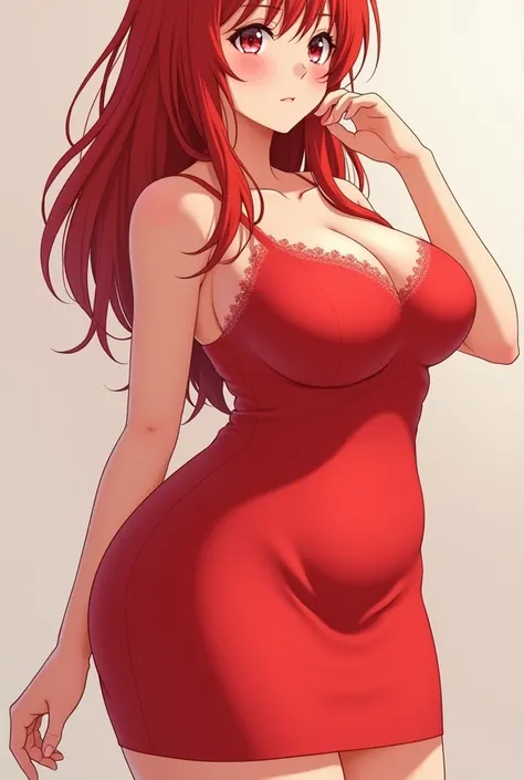 Anime girl,huge ass,huge boobs, red cotton dress, red hair 