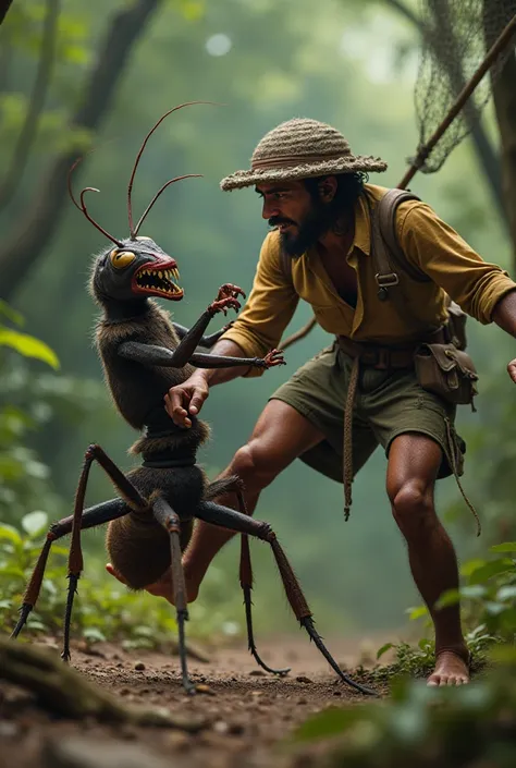 An ant bitting a hunter with a net on his hell