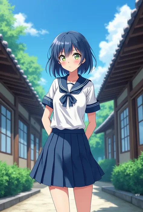 Anime girl, indigo color short hair, blue eyes on left and yellow eyes on right, student with japanese school uniform, japanese school background