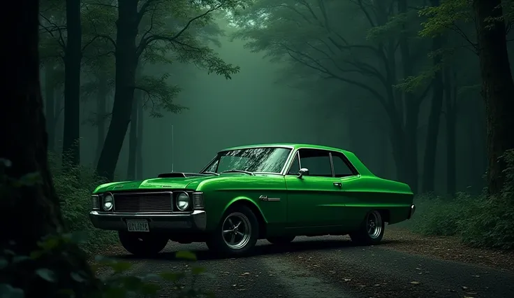 Auto Ford green falcon in the dark.  It's parked in a dark forest. 