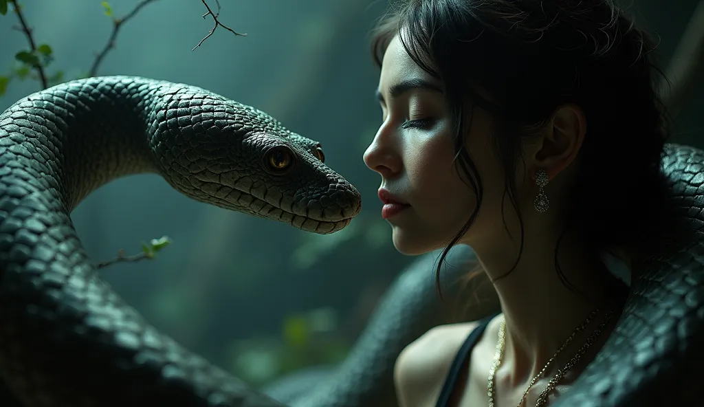 A person looking at a snake with an intriguing and seductive look.