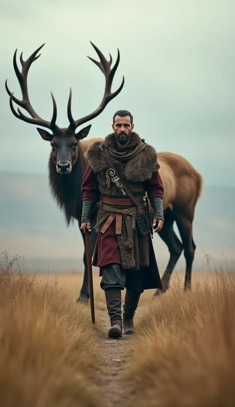 Imagine A Azerbaijan Ancient Warrior Man Walking Straight, Warrior Outfit, A Giant Giant Elk Towering Behind Him Walking Behind Him, A Very Beautiful Eye Catching Background, Azerbaijan Warrior Man Walking Straight, A Giant Giant Elk Guardian Walking Behin...