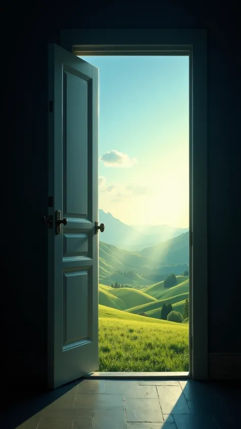 "A door opening in a dark room, revealing a bright, heavenly landscape filled with hope."
