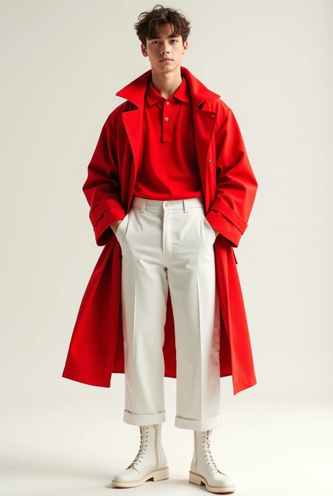 A young handsome boy wearing a red polo, with white wide leg slacks and a white fashioned boots for men and a red trench coat