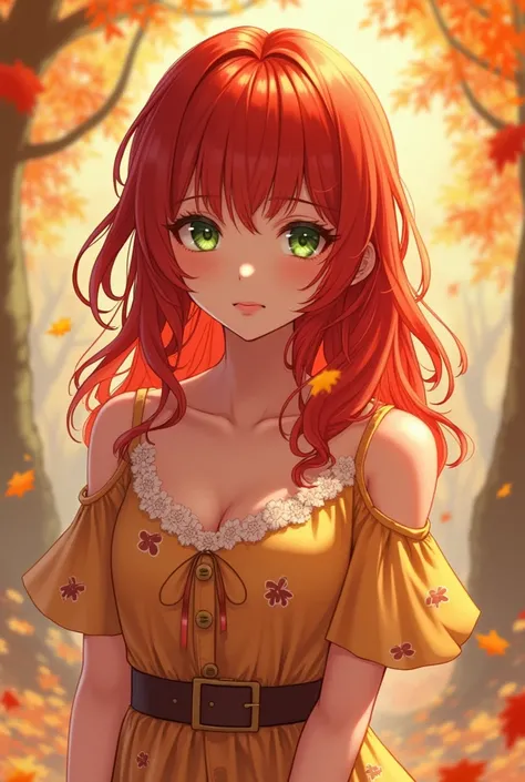  Create an image of a red-haired anime girl, of green eyes, autumn dress in warm tones 