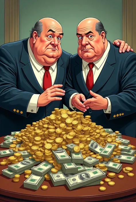 Pastors with a lot of money on a table,  cartoon