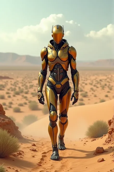 A guy wearing gold and brown mixed robotic suit in the midst of desert 