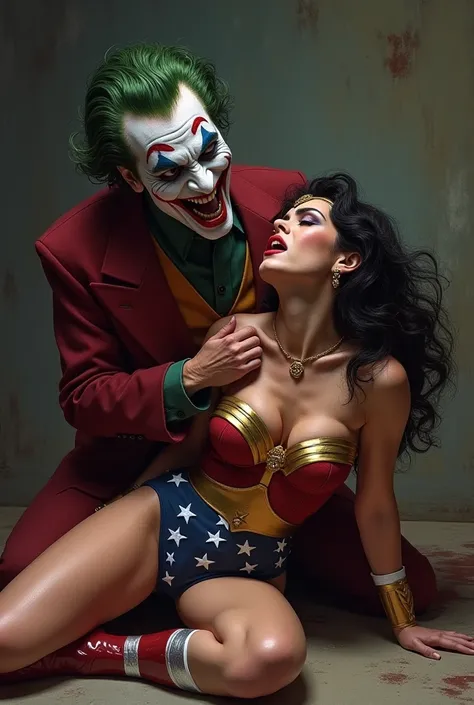  Lynda Carter's Wonder Woman gets shot by the horny Joker , She falls to her knees  ,  writhing gasping and screaming in pain  ,  with his head tilted back and very inflated and large breasts 