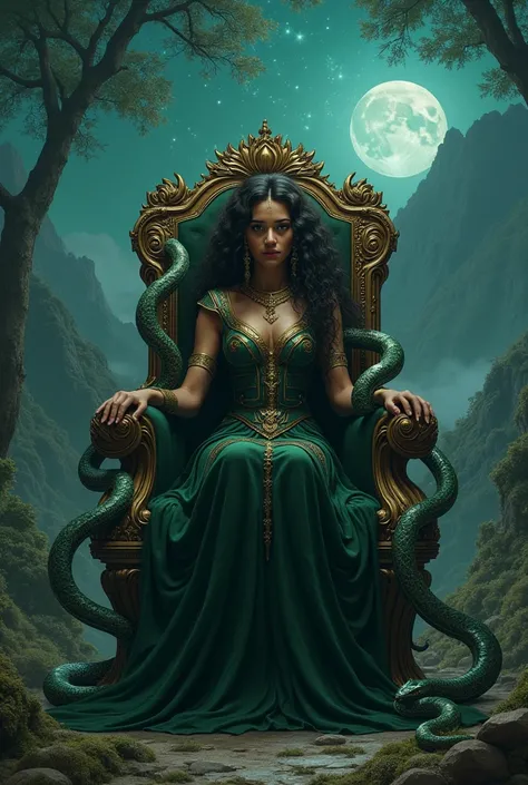  brown woman dressed in a green and black dress with a cobra wrapped around each arm sitting on a throne , with a tree behind on a mountain at night  