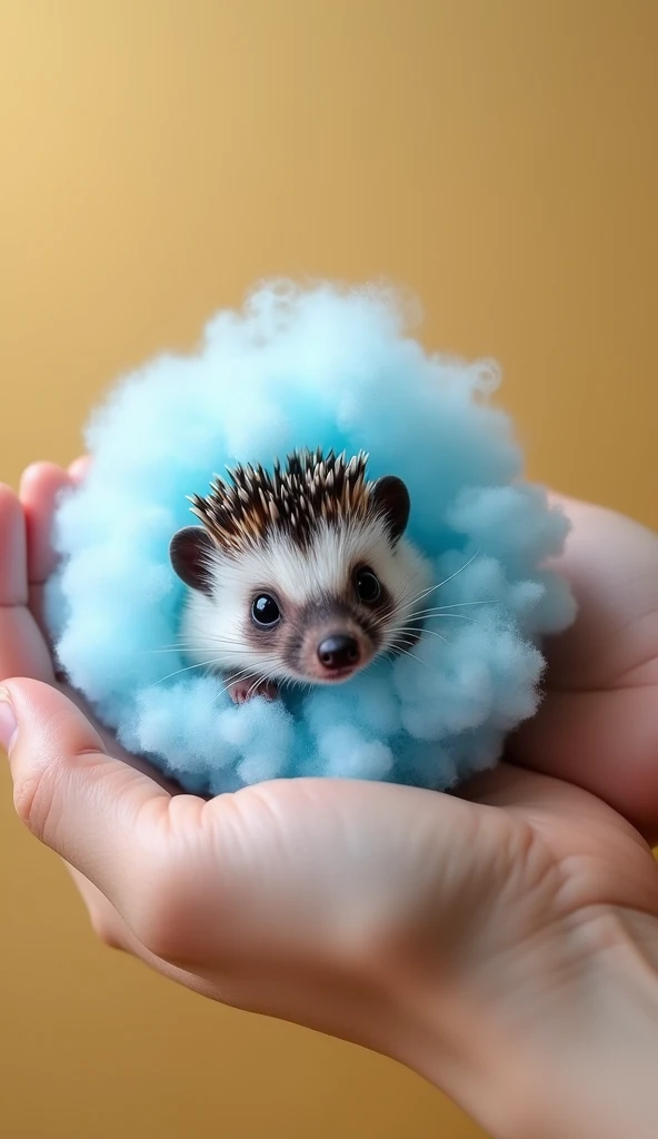  Mini Hedgehog Dressed in Cotton Candy :

 In the palm of your hand rests an adorable mini hedgehog ,  wrapped in light blue cotton candy that covers its thorns like a soft and soft layer.  Only his small snout and tiny paws are visible ,  creating an ench...