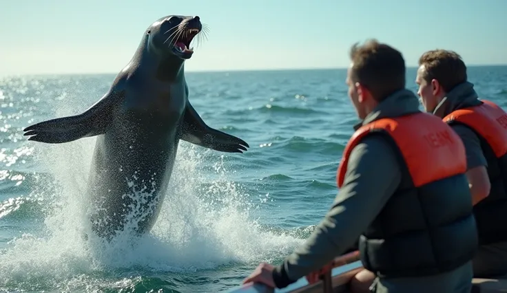 Wide shot:
The sea lion leaps from the water near the boat, barking urgently. The team members exchange determined glances.