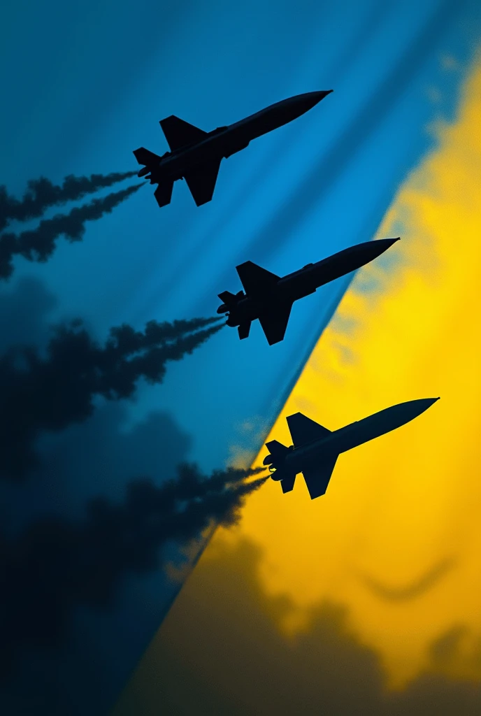 silhouette of three flying ballistic missiles with traces of flight against the background of a Ukrainian ensign