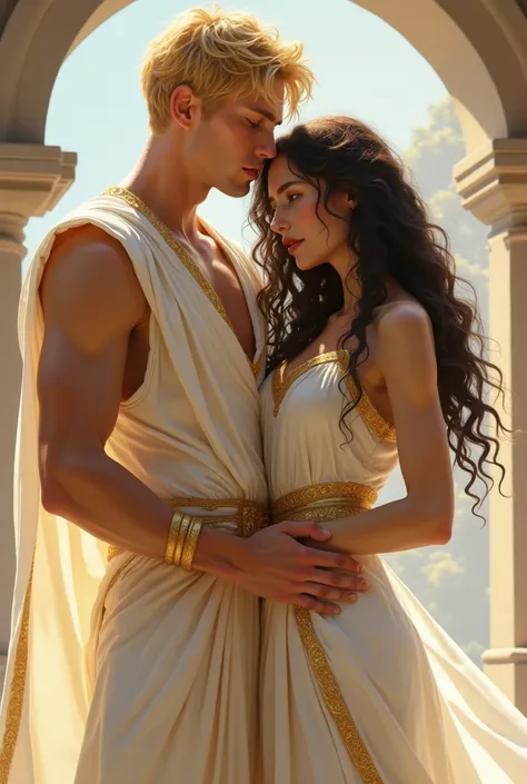 Create a couple. A tall boy with blonde hair, yellow eyes and pale skin in a white tunic with gold edges, with a muscular build gently hugging the girl who looks down, he is heavenly aura. The girl has long curly dark hair, pale skin and a white silk tunic...