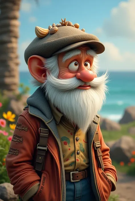  Imagine a small ,  a plump old man with a white ,  pointed beard and big ,  curious eyes ,  that light up his face .  He wears a little rift sailor jacket and colorful shirt ,  and on his head sits an old hat with a visor ,  adorned with several seashells...