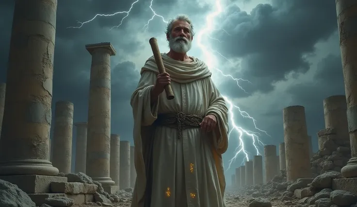 "An Epictetus-inspired man stands tall amidst the ruins of an ancient city under a brooding, stormy sky. His weathered face exudes wisdom and calm, framed by a short beard and piercing eyes that seem to look beyond the chaos. Draped in a simple but elegant...