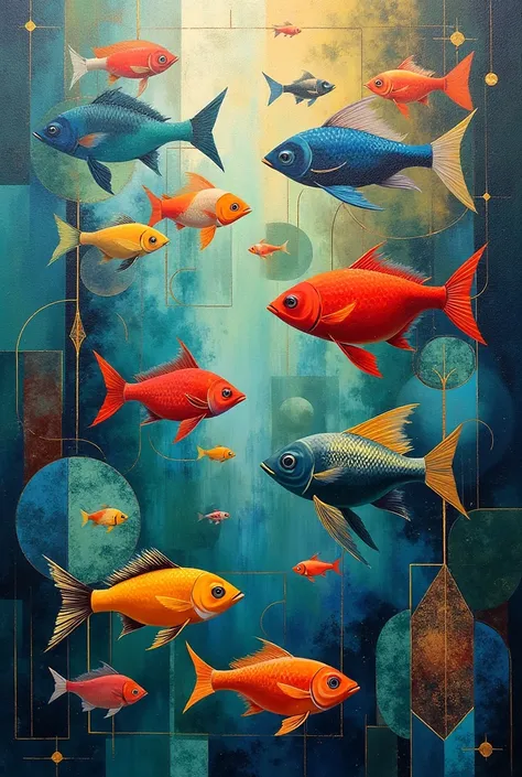 Sur la base de l'image de référence , Créer une peinture à l'huile, modern art style, couleurs bleu, vert, rouge, or, rajouter fishes parfaitement en harmonie avec les formes