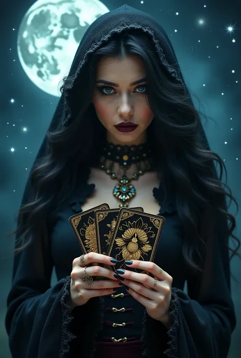 Create an image of a witch tarot reader with a vintage style. She has long, wavy black hair, deep eyes and a mystical air. The witch holds tarot cards in her hands, with esoteric symbols and golden details. The moon's energy surrounds your figure, creating...