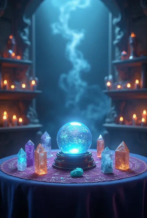  A mystical, magical background with a crystal ball, or crystals placed around
 reading setup.