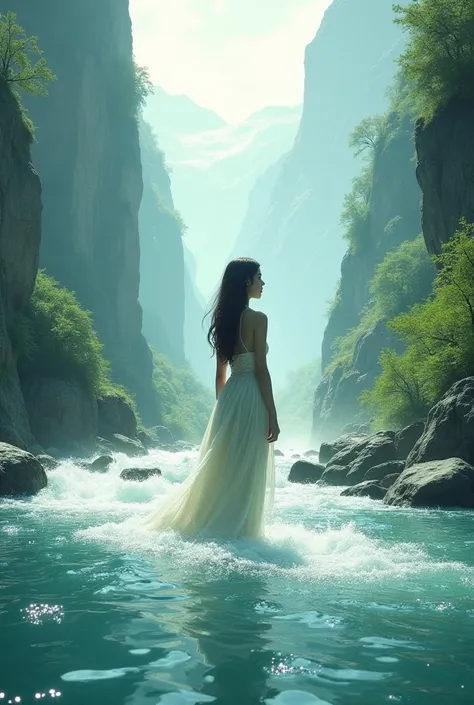 Girl standing in a big river