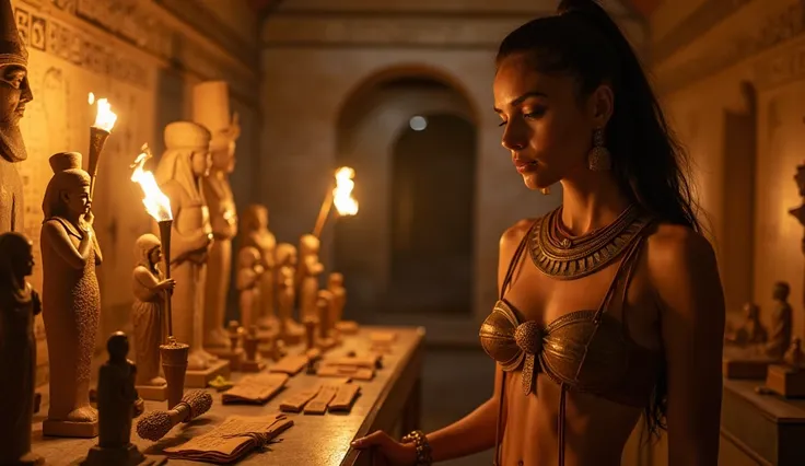 A woman wearing a Pharaonic bikini  contemplates artifacts from the Pharaonic era: small statues, gold tools, and papyrus. The place is illuminated with torches that add a historical atmosphere to the scene. An ancient Egyptian museum with golden artifacts...