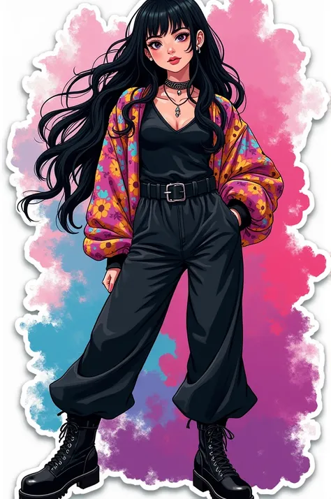  Create a Creative Stikers  ,  say Tiffany , color fuchsia ,  many colors as shown in the picture, baggy sweater,  Skye bootie shoes ,  black jumpsuit with cute legs , strong, pretty girl, black hair, black nails 