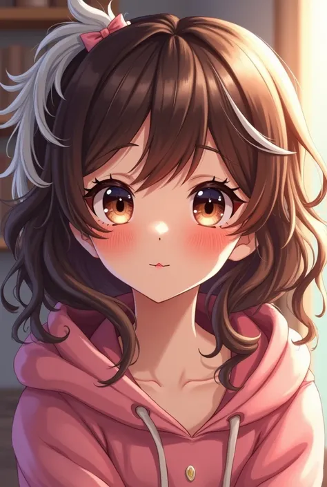  17-year-old girl ,  wavy brown hair with a white lock,  brown eyes , Brown skin,  freckles on the face . Wearing a cute and cozy outfit, pink .  Boku No Hero style