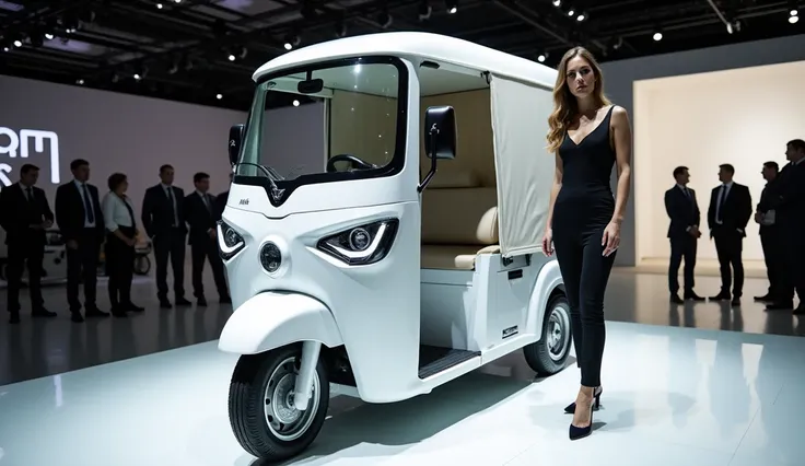 "An elegant auto-rickshaw displayed in a modern indoor showroom, surrounded by a professional and sophisticated atmosphere. The rickshaw design is sleek and stylish, with a fabric cover draped artistically on the back. Replace all elements of the rickshaw'...