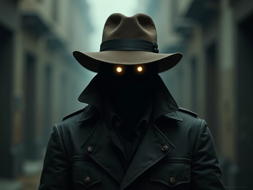 a man with no face wearing an old coat and a brown color hat with a mysterious look Without a face the face is blank in black full body in angled camera  eyes are brightening