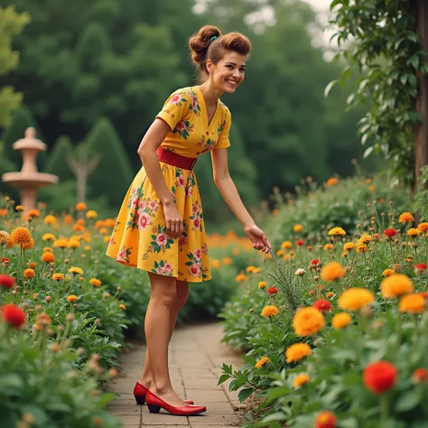 Woman working in the garden, Woman looks like in the style of the 60s 