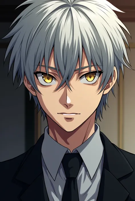 18-year-old man ,  Male character,  Short silver hair ,  golden eyes, In the manga anime style
masculine traits, Serious man, wearing a black suit, man with a penetrating and determined look 