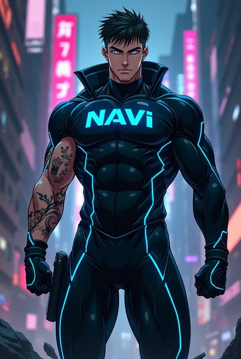 Create an anime man wearing a large black outfit with the name NAVI on the neon blue outfit, with tattoos on their arms, anime styling