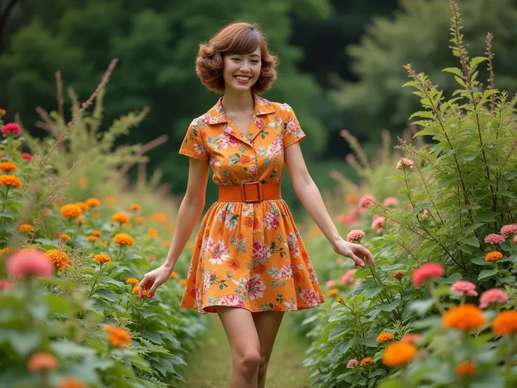 Woman working in the garden, Woman looks like in the style of the 60s 