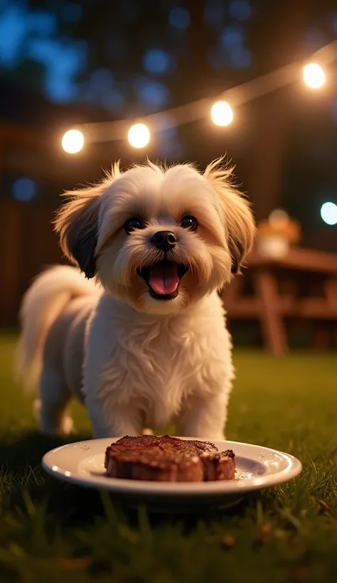 A Shih Tzu is standing spinning with happiness in a backyard at night lit by dynamic lights, in the background of the scene there is a picnic table with a white plate with a bit of steak on top of it, the dog is the focus of the image.