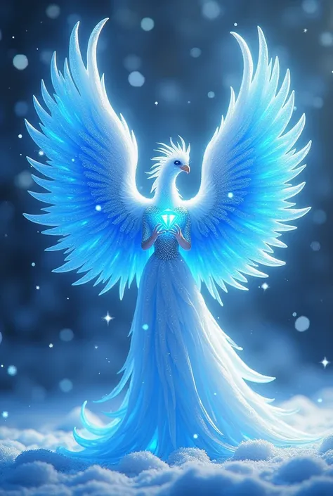  Make a beautiful blue Angelic crystal Phoenix in winter time ,  holding a beautiful crystal diamond , angelic blue ,  beautiful with wings the Phoenix is super big and has huge rooms with super long blue and white feathers,  with beautiful sparkles and su...