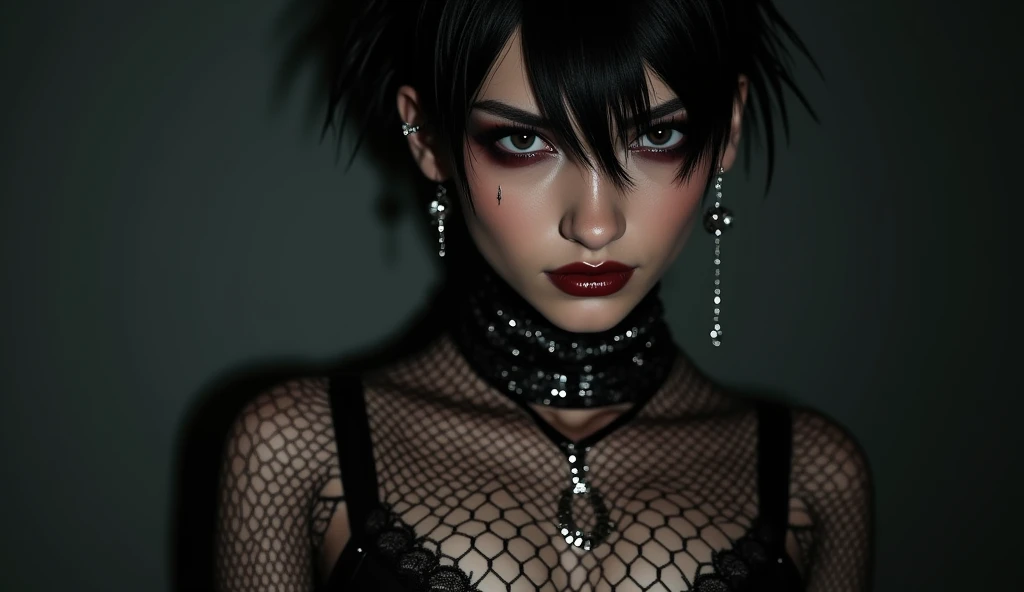 a goth black haired boy wearing a ripped fishnet bodysuit, lace garters, stockings and a short leather skirt, he also has light goth makeup with dark shadows and lines around the eyes, and lips lining with blood red. he also has a lip ring, a nose stud and...