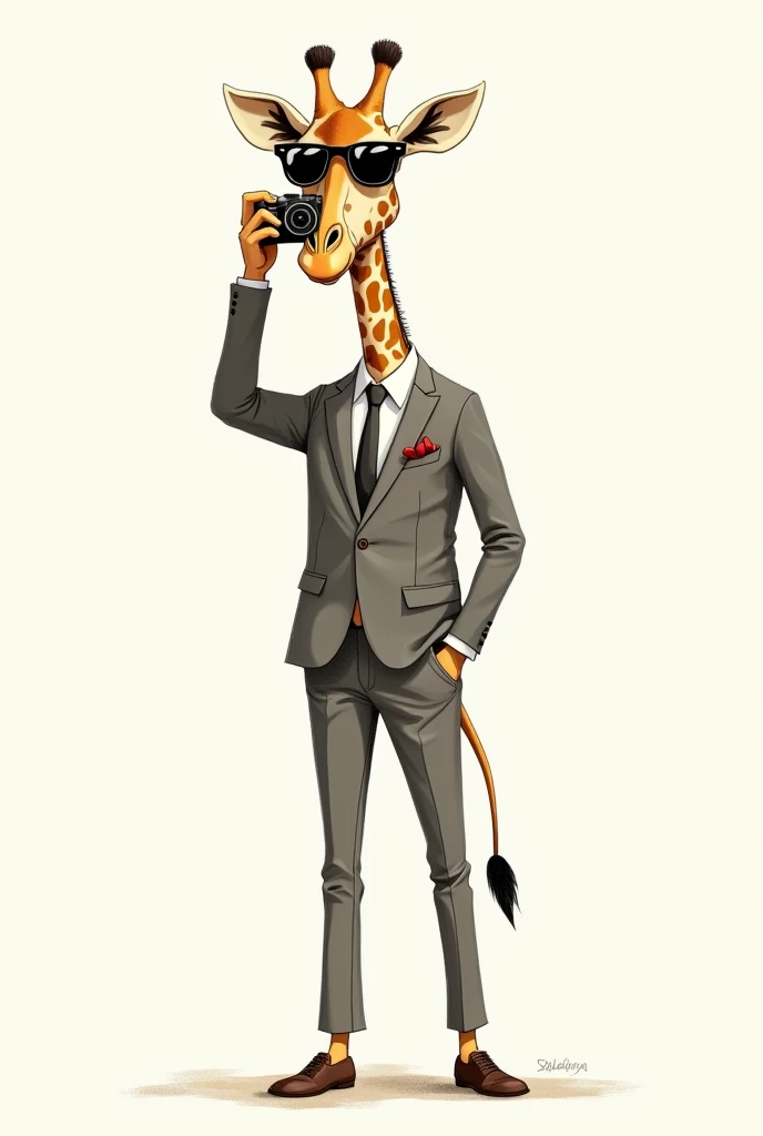 I want a giraffe that hanging a camera on with suits and sunglass drawing in fromt view