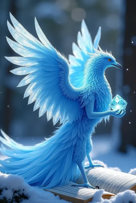  Make a beautiful blue Angelic crystal Phoenix in winter time ,  holding a beautiful crystal diamond , angelic blue ,  beautiful with wings the Phoenix is super big and has huge rooms with super long blue and white feathers,  with beautiful sparkles and su...