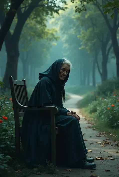 Create a mysterious and eye-catching poster image An old woman sitting on a chair in a public park 