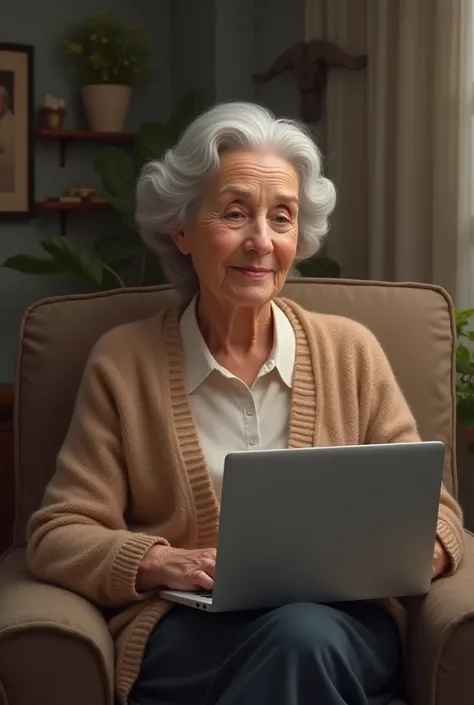 A two-dimensional picture of a beautiful grandmother sitting in front of a laptop screen