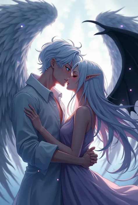 Anime Angel guy with white hair and blue eyes kissing a demon girl with white hair and red eyes black wings